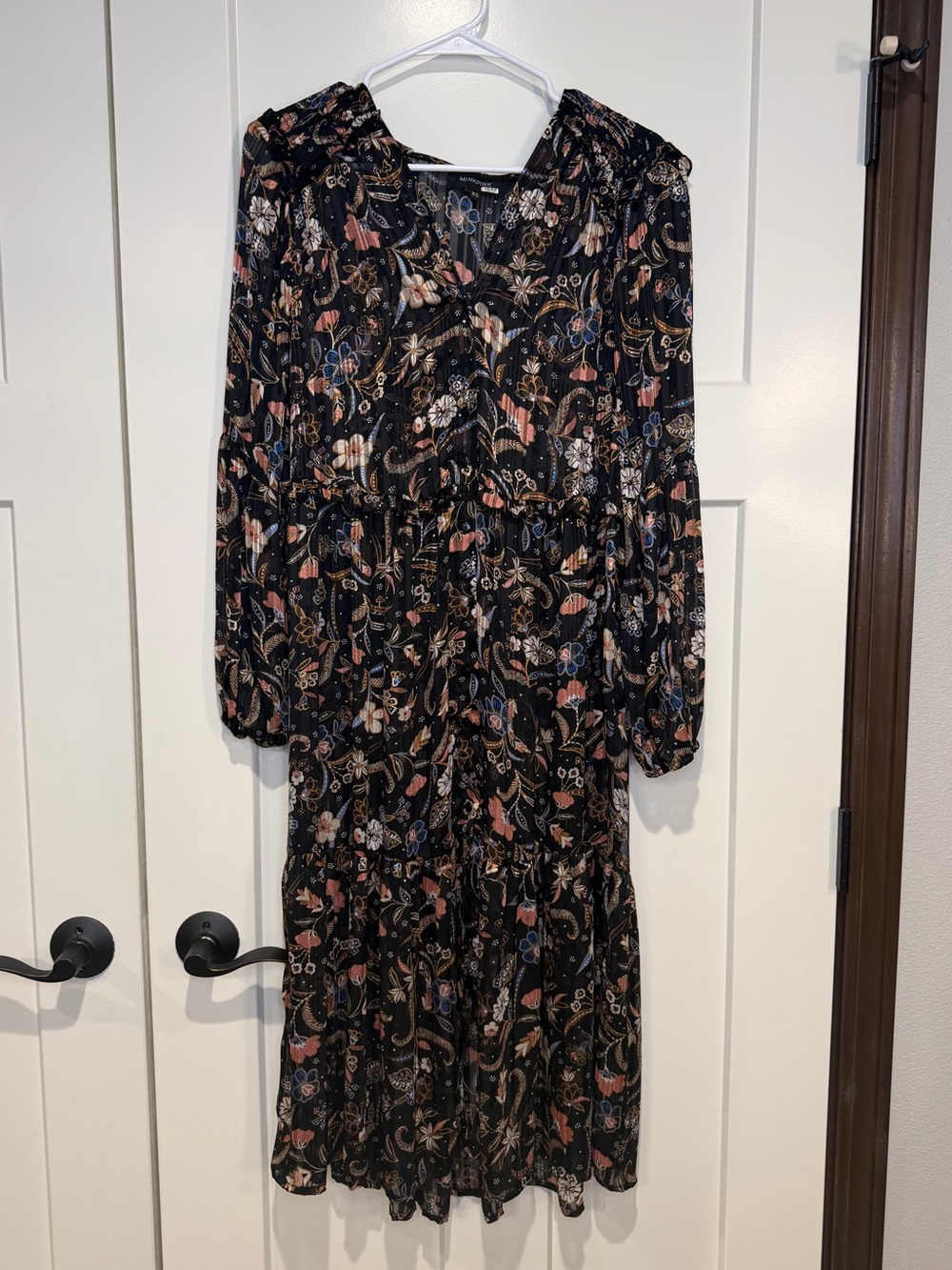 Floral Tiered Long-Sleeve Midi Dress in Black - Picture 6 of 10